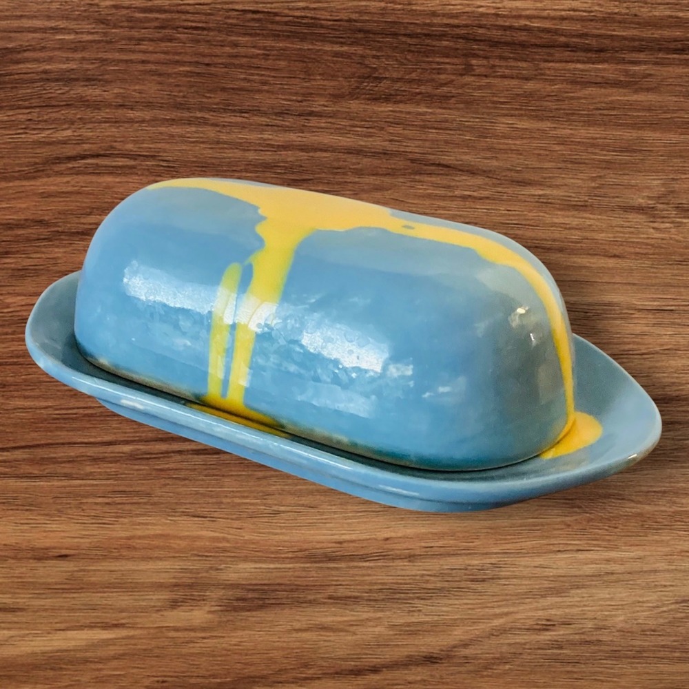 Handmade Ceramic Butter Dish Blue‎ Yellow Abstract Drip Glaze Artisan Pottery